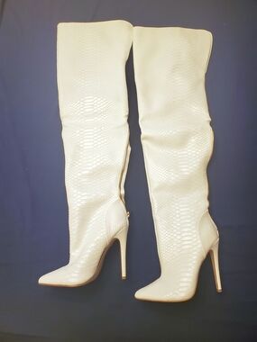 Women's White Faux Snake Over-the-Knee Thigh High Stiletto Boots with Gold Zip
